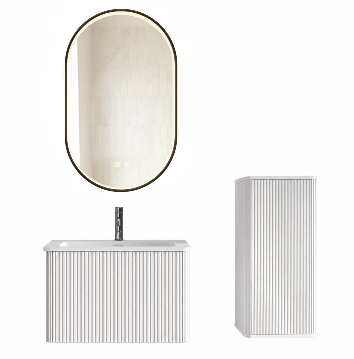 OKWISH Badkamer Meubelset - Wandhangend - 60 cm - Met Led Spiegel en Ovale Spiegel - Moderne Opbergruimte - Wit