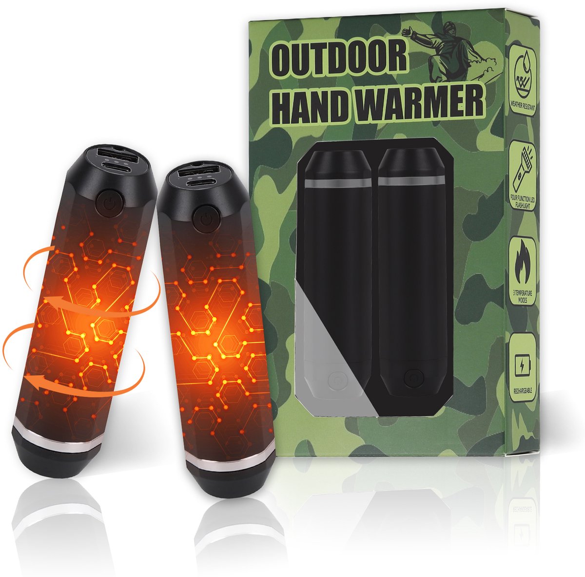 Elektrische handwarmer – Geschikt voor buiten, winter, sport en kamperen – Kan verlicht worden met een zaklamp – USB oplaadbaar – Langdurige warmte – Drie temperatuurinstellingen – 10000mAh – Set van 2 – Cadeau – Unisex – Zwart