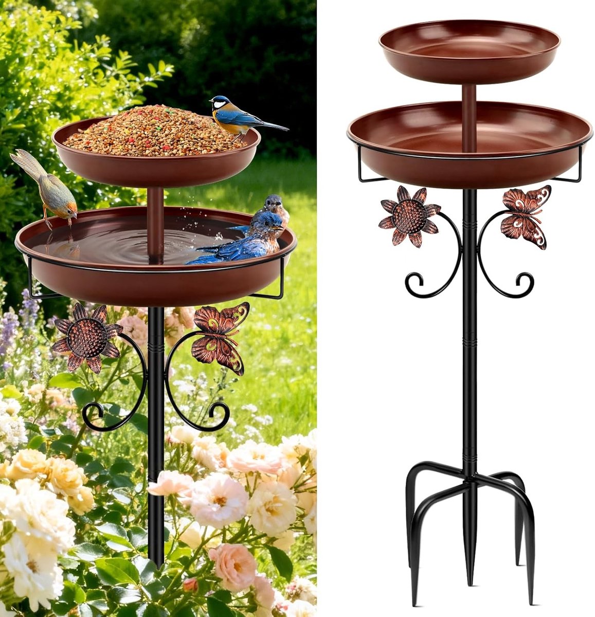 Stijlvolle Vogelbad voor Buiten - 2-in-1 Metalen Vogelhuis en Waterbad - Antiek Design, Winterbestendig en Ideaal voor Tuin en Voederbak