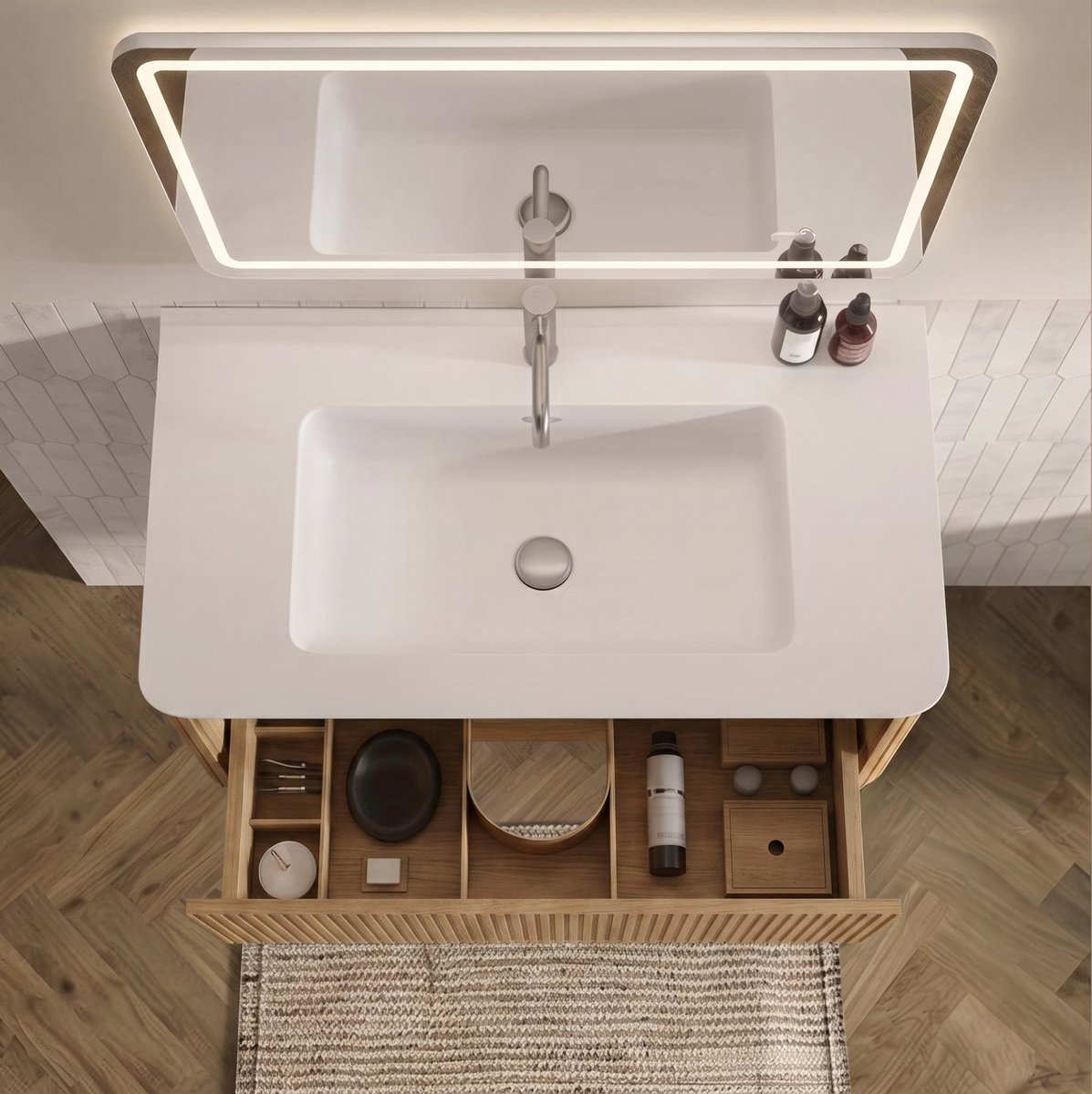 OKWISH Badkamermeubelset - Wandhangend Met Led Spiegel En Zijkast - Voor Kleine Badkamers En Gastenbadkamers - Houtlook Eiken - 80 cm
