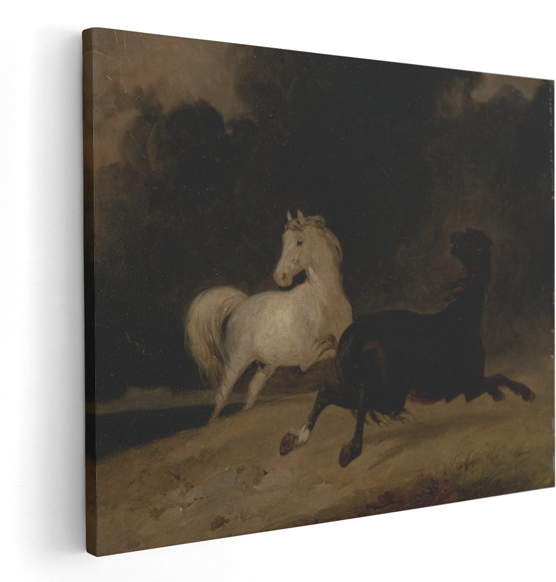 Artaza Canvas Schilderij Paarden - 150x120 cm - Groot - Wanddecoratie Dieren - Muurdecoratie Landschap - Schilderijen Op Canvas Wit Zwart