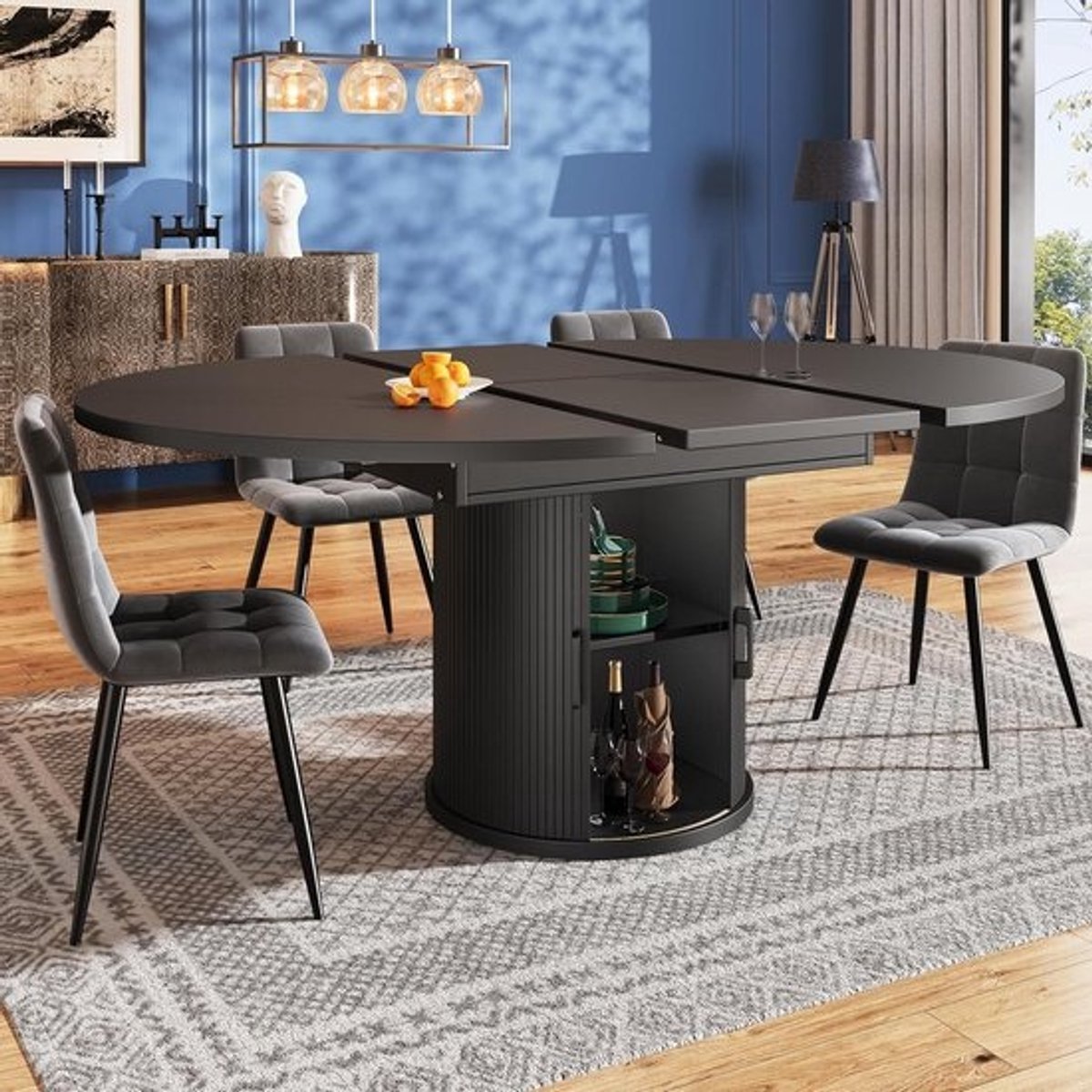 Eettafel Uittrekbaar - Keukentafel Ronde Tafel - Gezellig Tafelen - Met Opbergruimte - 158 cm - Zwart Walnoot