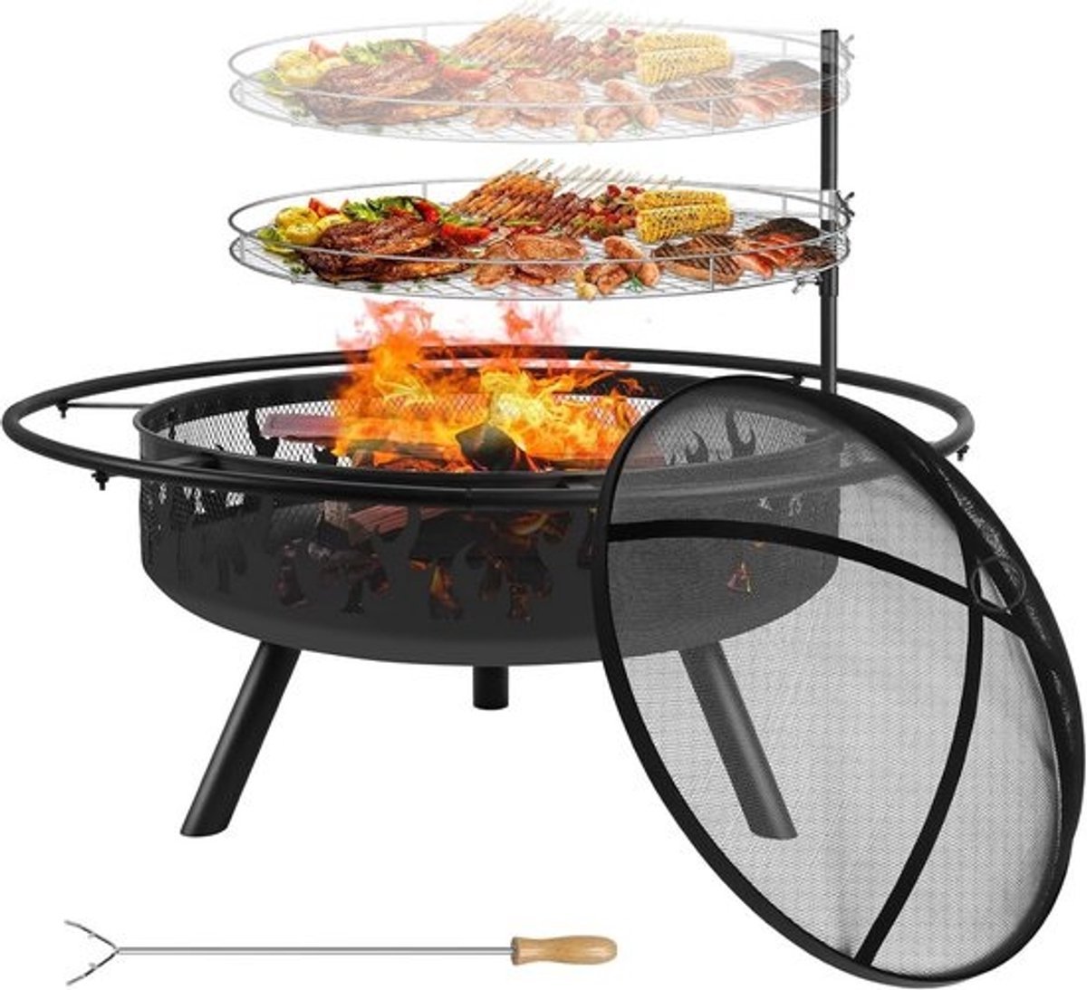Grote 2-in-1 Buitenvuurkorf met BBQ Grillrooster - 91cm Terraskachel voor Tuin en Kampvuur