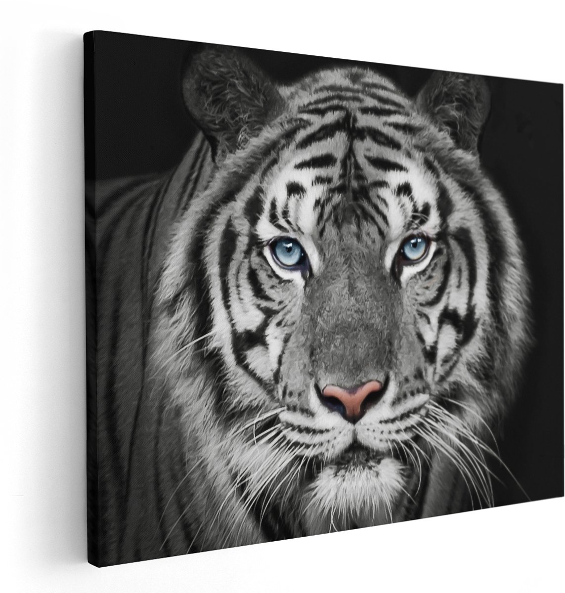 Artaza Canvas Schilderij Tijgerkop Met Blauwe Ogen - Zwart Wit - 150x120 cm - Groot - Wanddecoratie Woonkamer - Schilderijen - Muurdecoratie