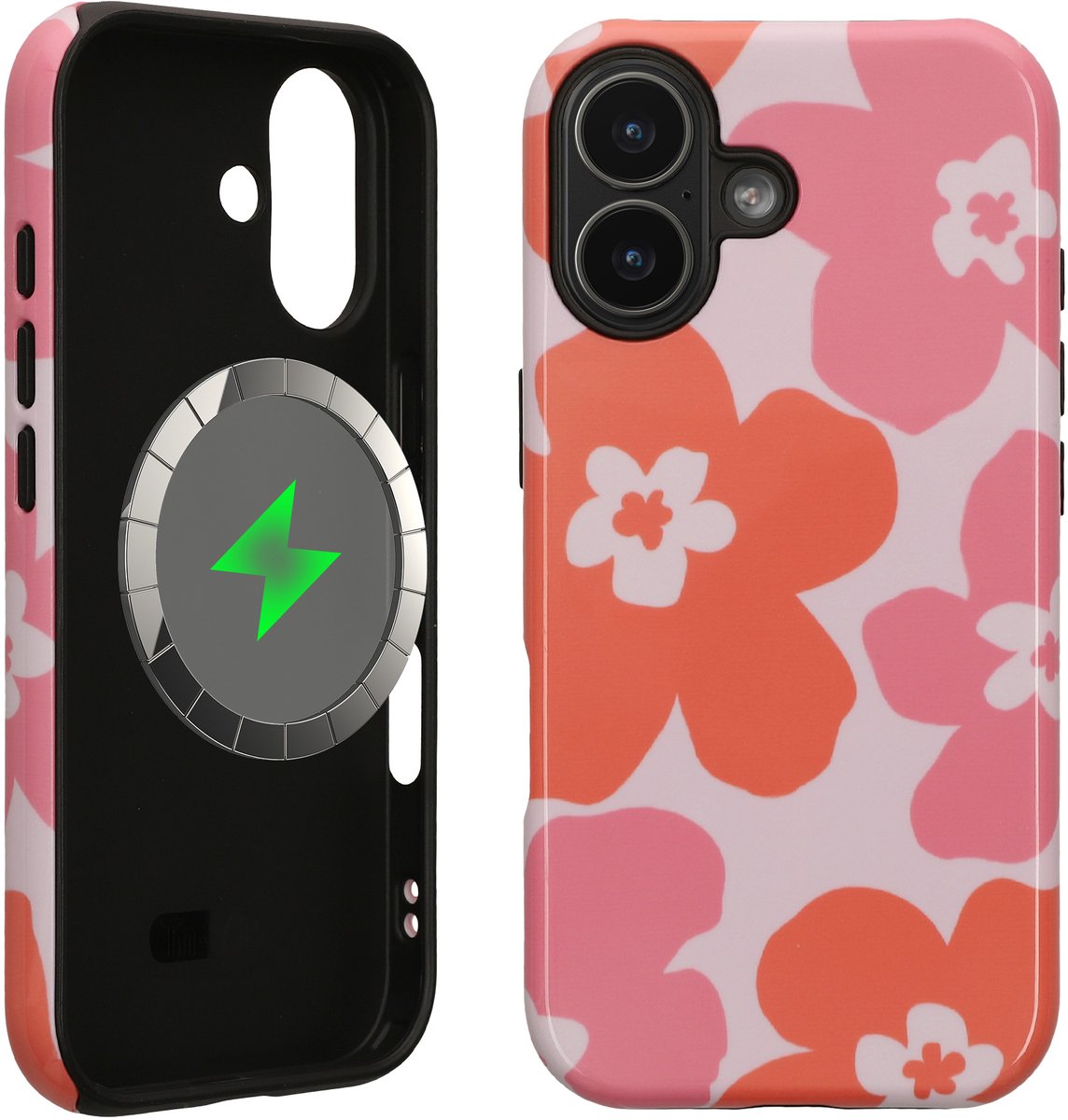 kwmobile telefoonhoesje met dubbele bescherming voor Apple iPhone 17 — draadloze oplaadfunctie — roze bloesem koraal design