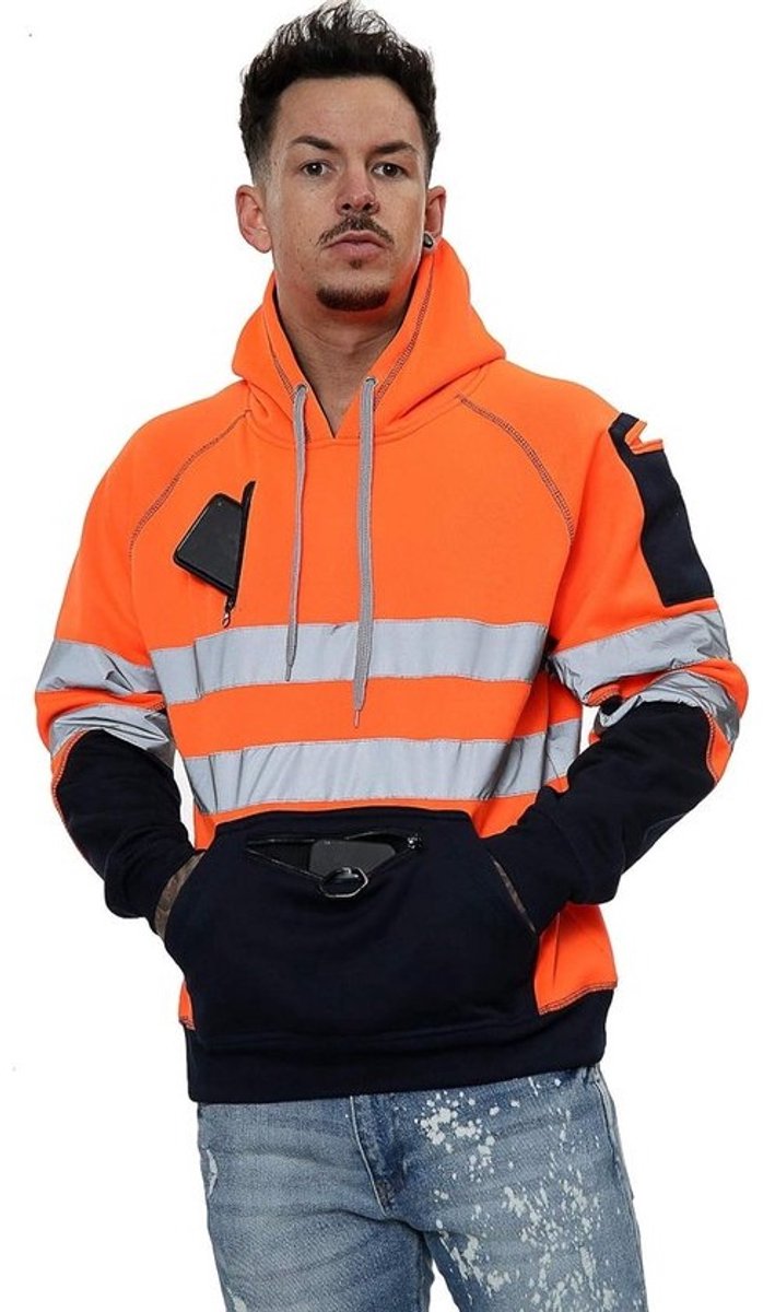 Hi-Vis Hoodie met Reflecterende Strepen en Drie Ritszakken voor Werk