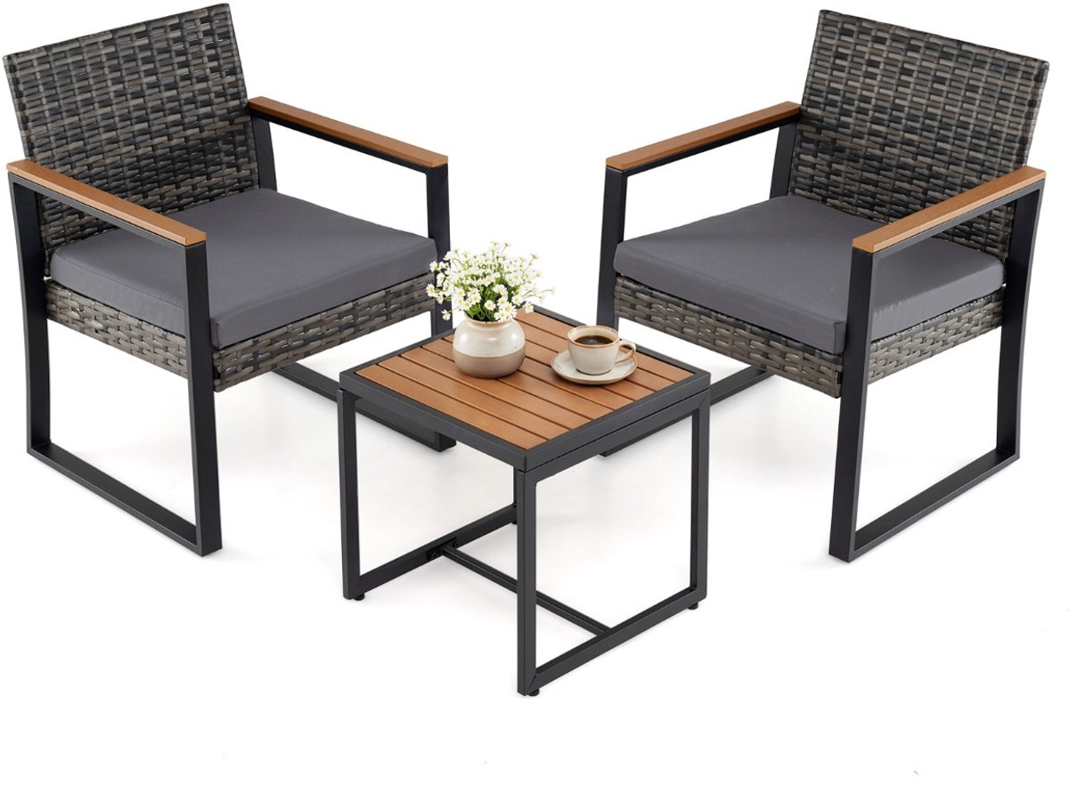 SureDeal® - Tuinset - Balkonmeubelset Tuinmeubelset polyrotan - Stoelen Bijzettafel - Zachte Kussens - 59x55,5x75 cm - Grijs