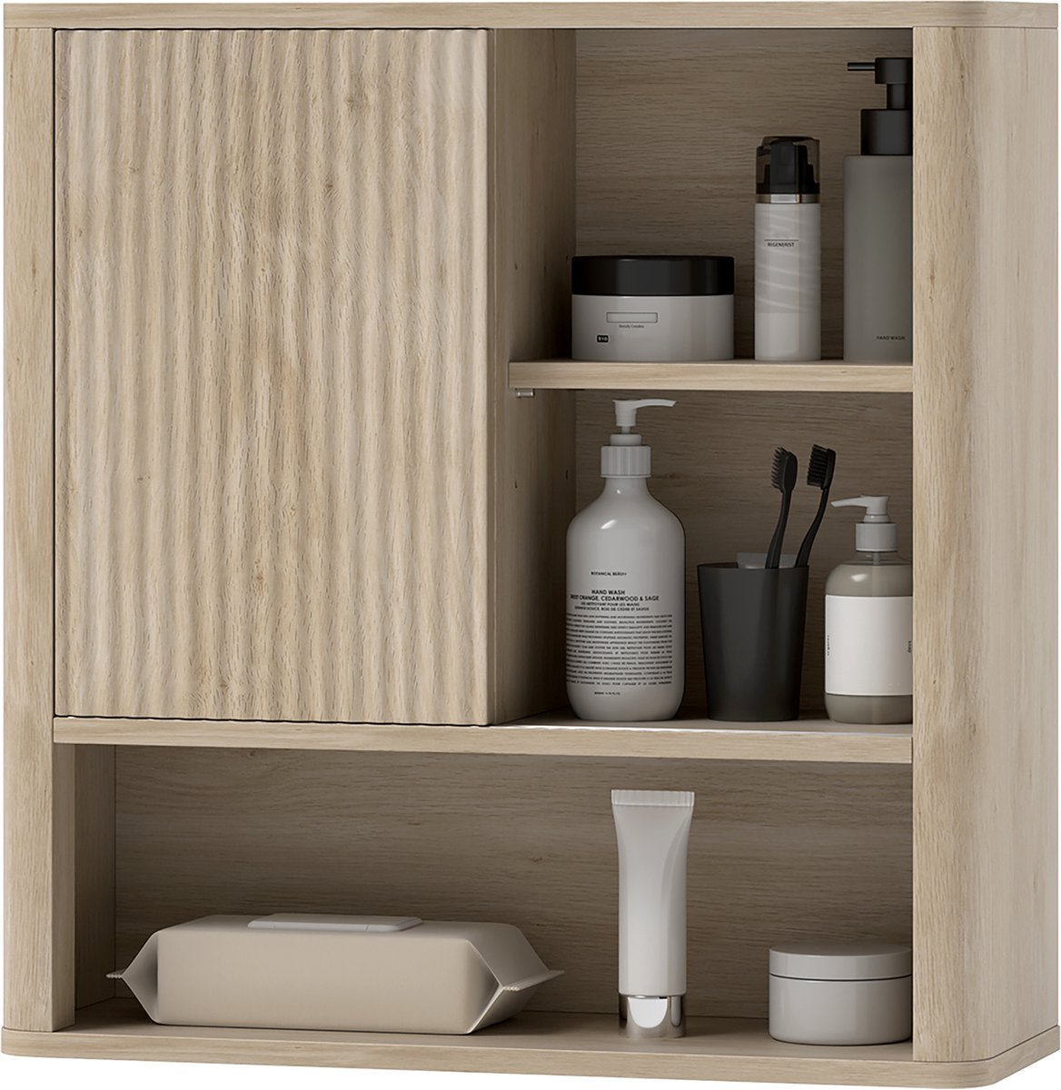 Wandkast voor de badkamer met verstelbare planken - schuifdeur en open planken - naturel hout