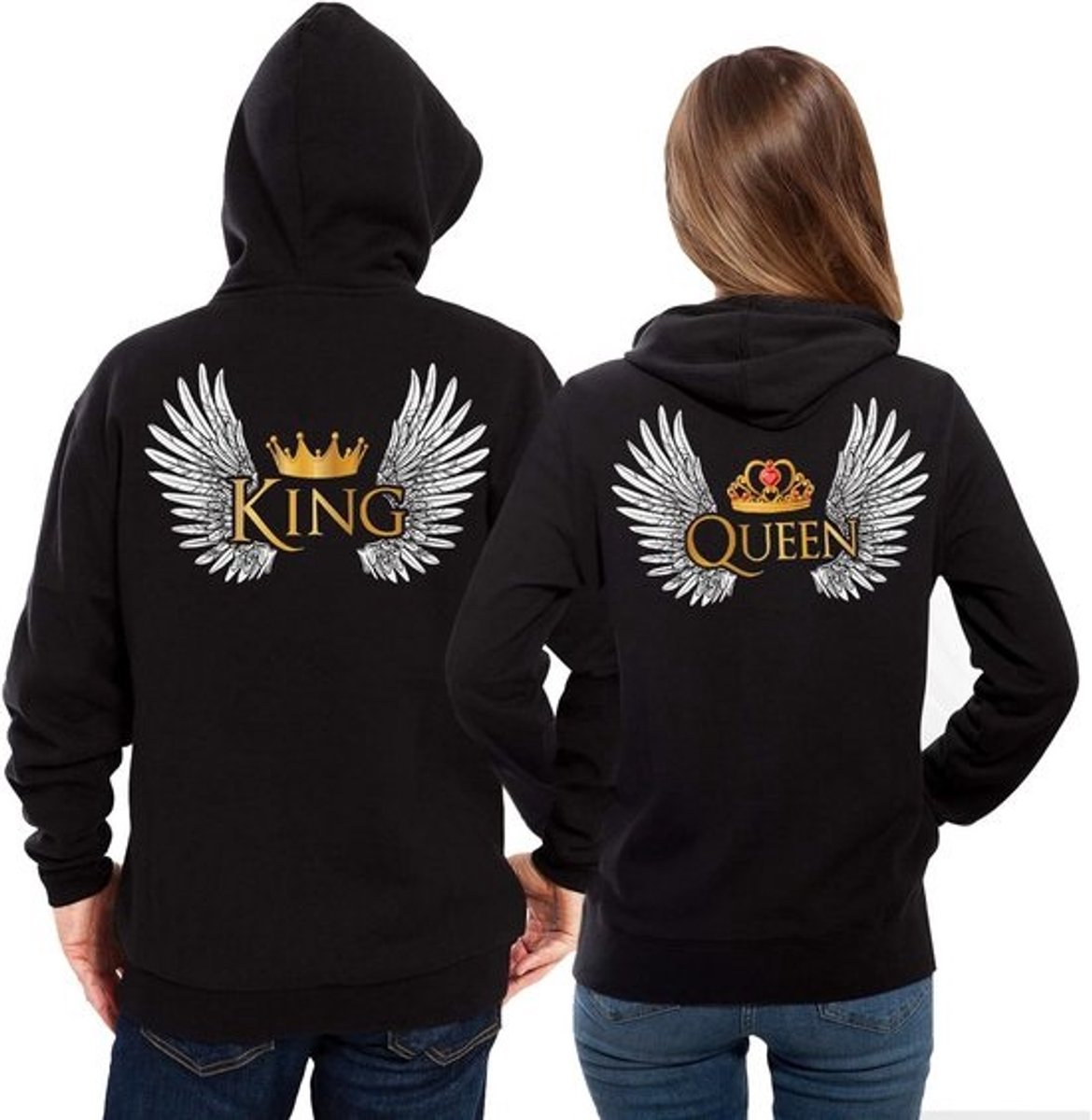 Set van 2 Partner Hoodies - Koning en Koningin Trui met Kroon en Vleugels - Cadeau voor Valentijnsdag, Jubileum