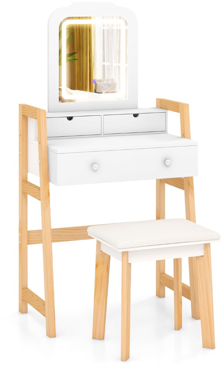 SureDeal® - Kaptafel - Houten Make uptafel - Kruk - Spiegel - Lades Wit - 64x41x130,5 cm - Wit