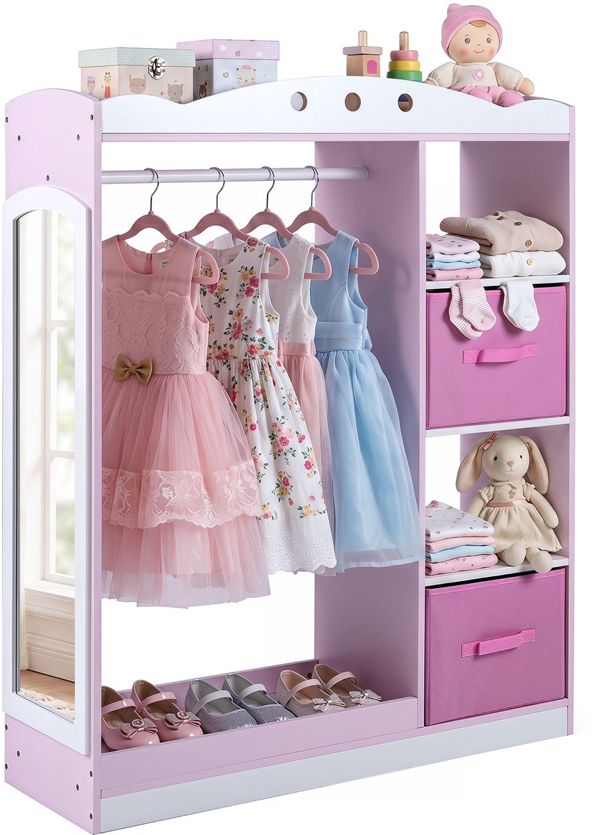 SureDeal® - Boekenkast - Kindergarderobe - Spiegel Kinder Kledingkast - Open Planken Kledingstang - 90x30x111,5 cm - Roze