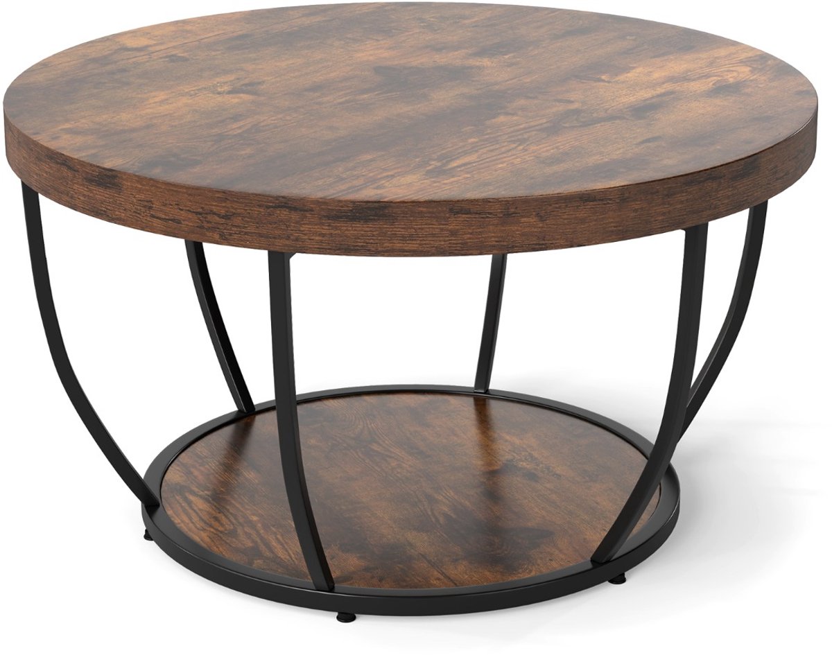 SureDeal® - Bijzettafel - Ronde Salontafel - Lagen Cocktailtafel - Stevig Metalen - Kunsthouten Blad - Woonkamer - 80x80x45 cm - Koffiebruin
