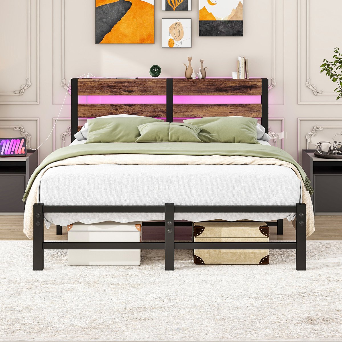 Bedframe 120 x 200 cm – LED-verlichting en USB-oplaadstation – Metaal en Hout – Zwartbruin – Zonder Matras