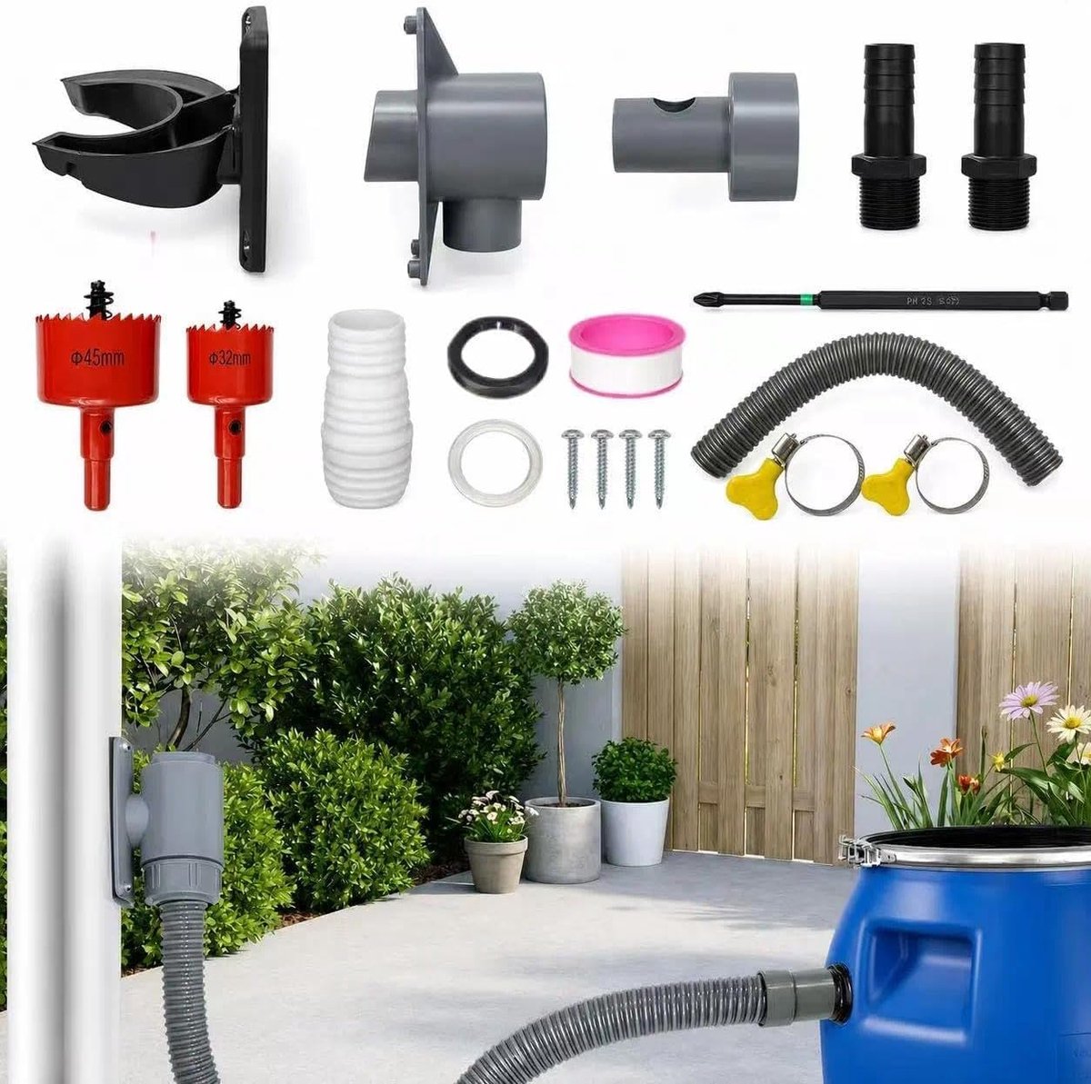 Regenwatercollector 70-110 mm - Met 1 m Slang - Water Besparen