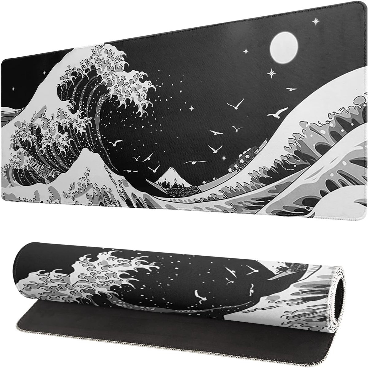 Zwarte Muismat 80x30 cm - Grote Gaming Muismat met Abstract Golfpatroon - Antislip Rubberen Onderkant en Gestikte Rand voor Bureau en Thuis