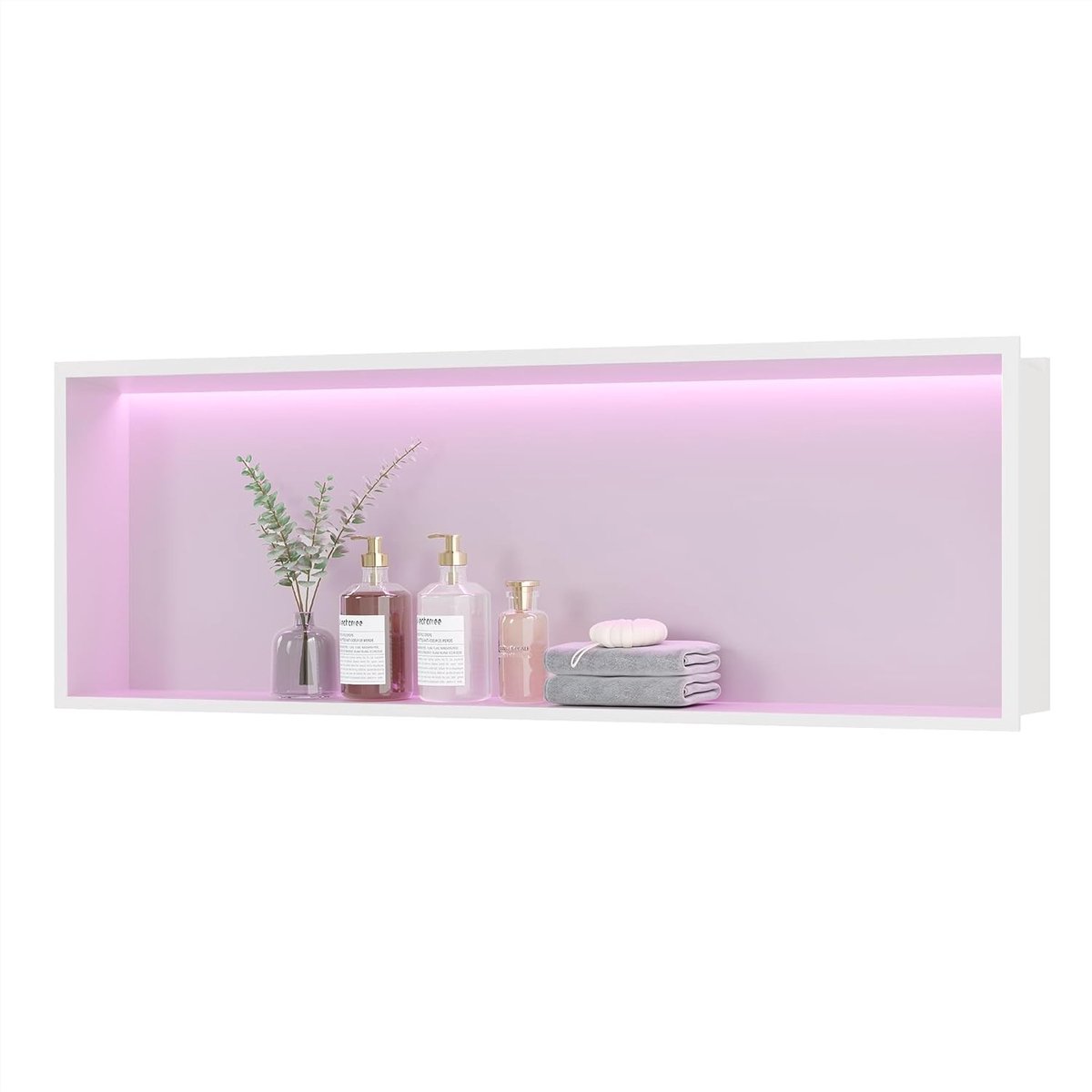 Ingebouwde Douchestang van RVS met RGB LED Verlichting en Afstandsbediening, Inclusief Witte Opbergrek voor Badkamer, 90 x 30 cm, Ideaal voor Modern Sanitair en Ruimtebesparing