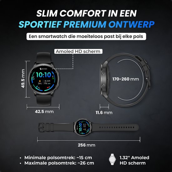 Afmetingen Siltcon FitTrack Pro smartwatch: kast 49.5mm, breedte 42.5mm, dikte 11.6mm. Polsomtrek 170-260mm.