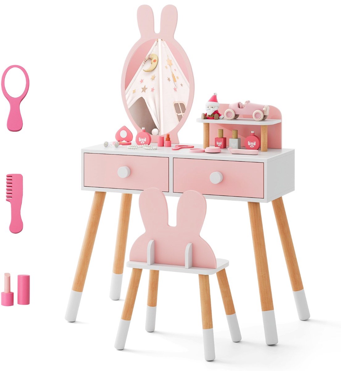 SureDeal® - Kaptafel - Kinder Make uptafel - Stoel - Spiegel - Laden - Opbergrek Roze - 78x37x110 cm - Roze