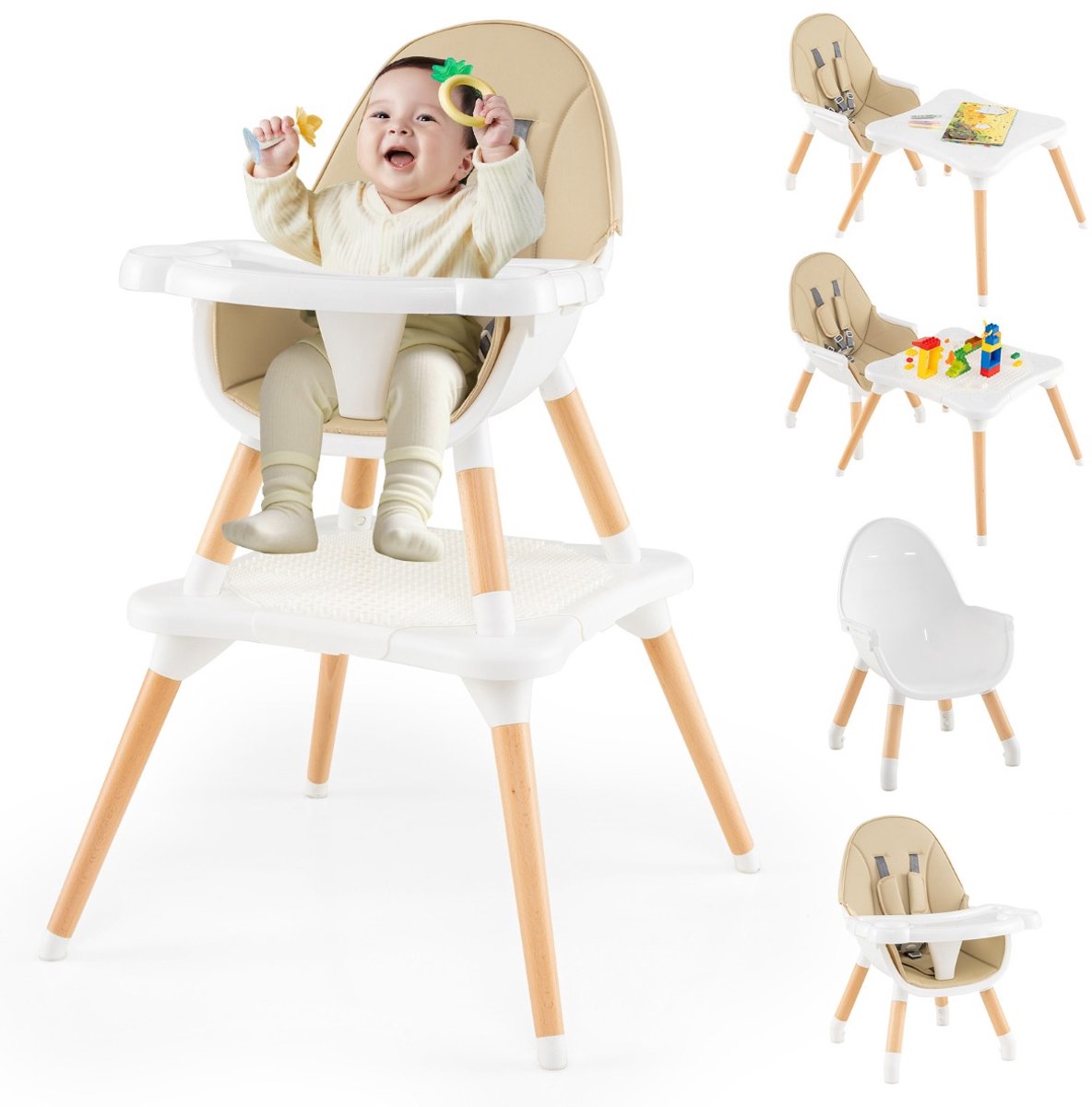 SureDeal® - Hoge kinderstoel - Stoel - Baby - Peuters Convertible Tafel - Bouwsteentafel Beige - 62x62x100 cm - Beige+Wit+Natuurlijk