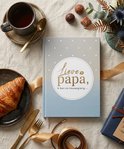 Grijze en blauwe omslag met witte stippen en de tekst 'Lieve papa, ik ben zo nieuwsgierig...'.