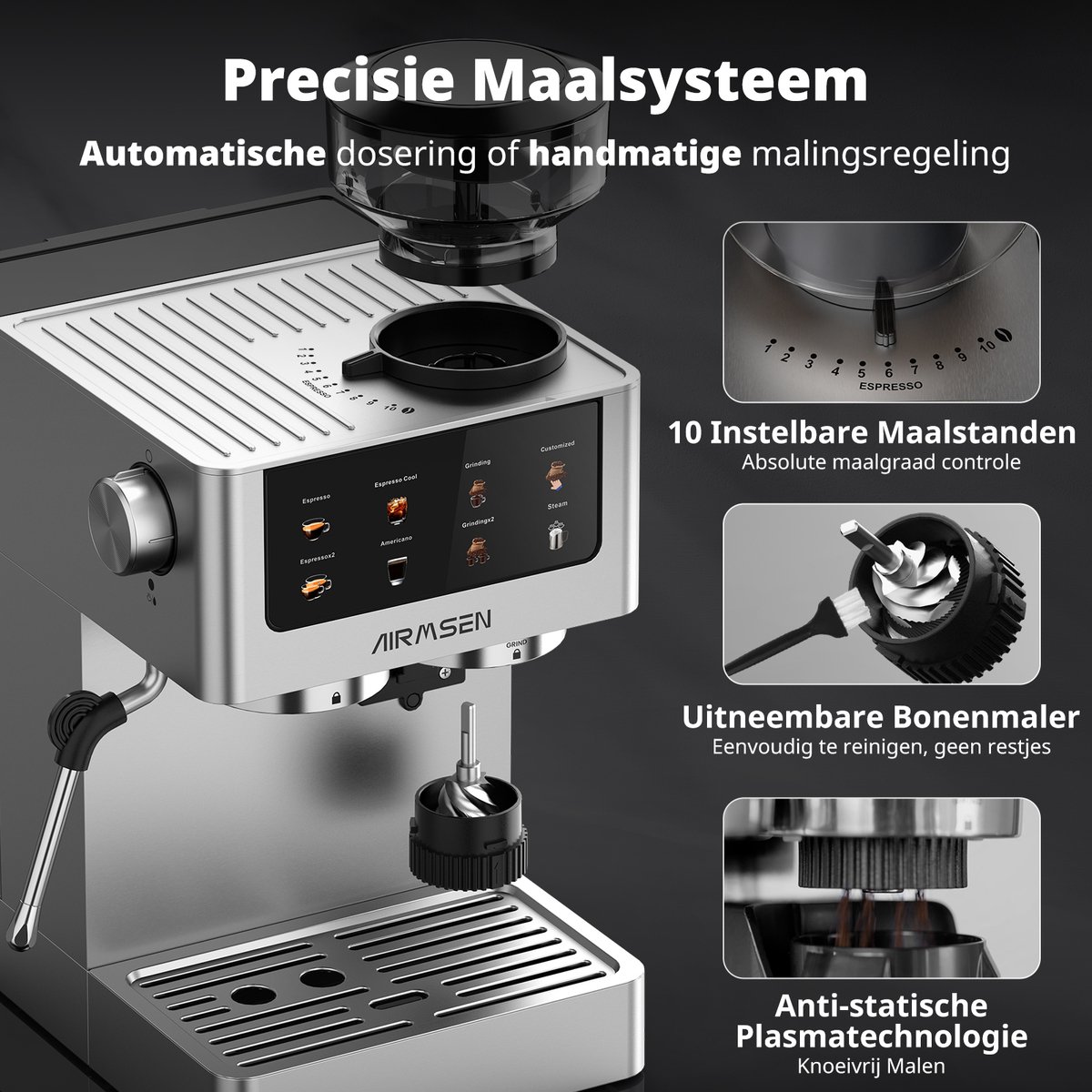 AIRMSEN Espressomachine met Bonenmaler - 20 Bar Pistonmachine - RVS - Compact - 10 Maastanden - Stoompijpje - Touch LED - 1 & 2 Kops - Zilver thumbnail 5