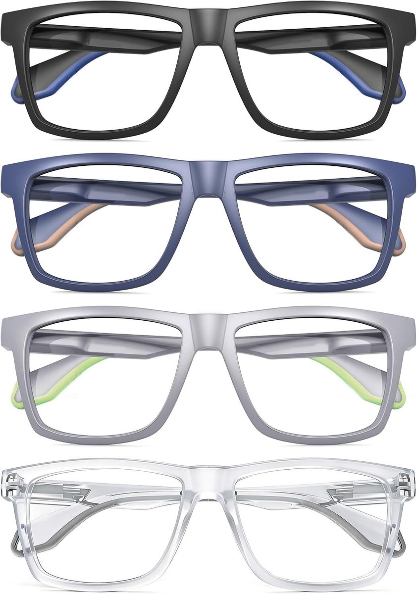 Pack van 4 heren leesbrillen, blauwlichtfilter, lichtgewicht ontwerp, heldere visie met etui
