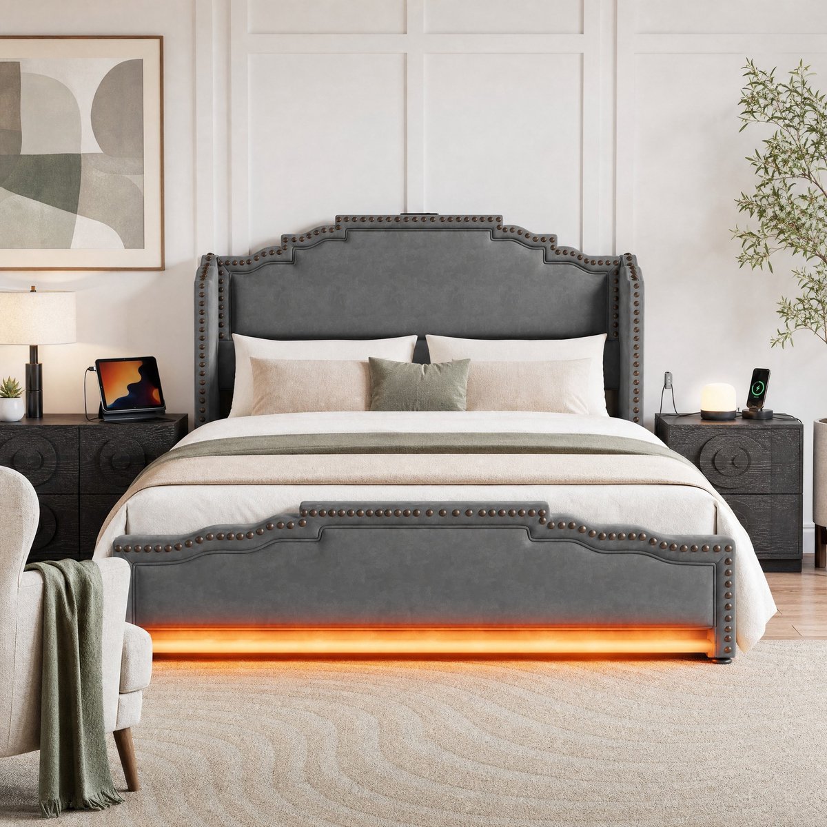 REDOM - Bed - 160x200 cm tweepersoonsbed met 4 lades - Lattenbodem - LED-verlichting en USB-C laadfunctie - Vintage stijl - Slaapkamer - Stof en metaal - Grijs - 169 x 214 x 120 cm