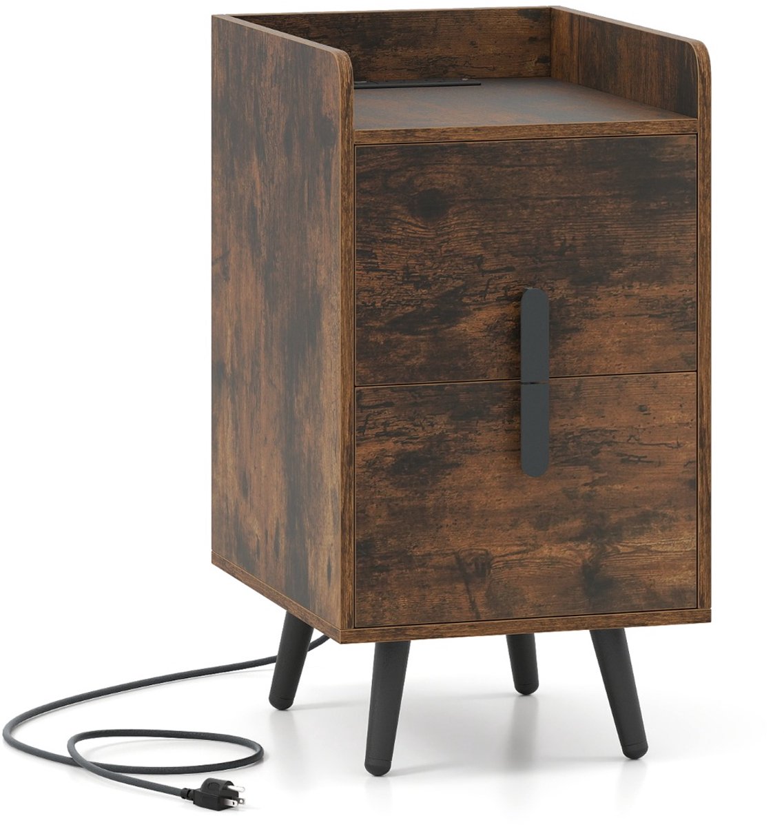 SureDeal® - Nachtkastje - Oplaadstation Smal - Twee Laden Bijzettafel - Metalen Poten - 40x32x60 cm - Koffiebruin