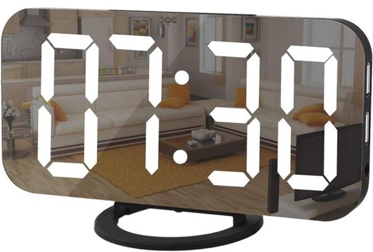 Digitale Wekker met Groot LED Display, Spiegeloppervlak en USB Oplaadpoorten