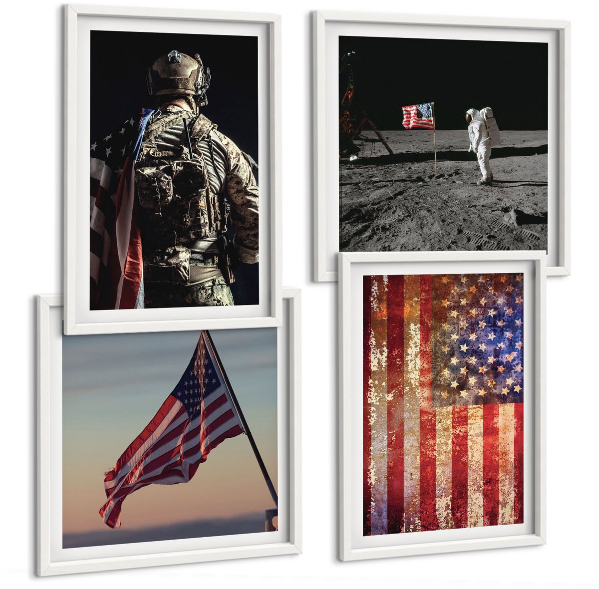 Wallfluent 4-Delige Schilderij Set - Amerikaanse Nationale Symbolen, Vlag Van De Vs - 40 x 40 En 40 x 60 - Wanddecoratie - Muurdecoratie - Woonkamer - Decoratieve Schilderijen