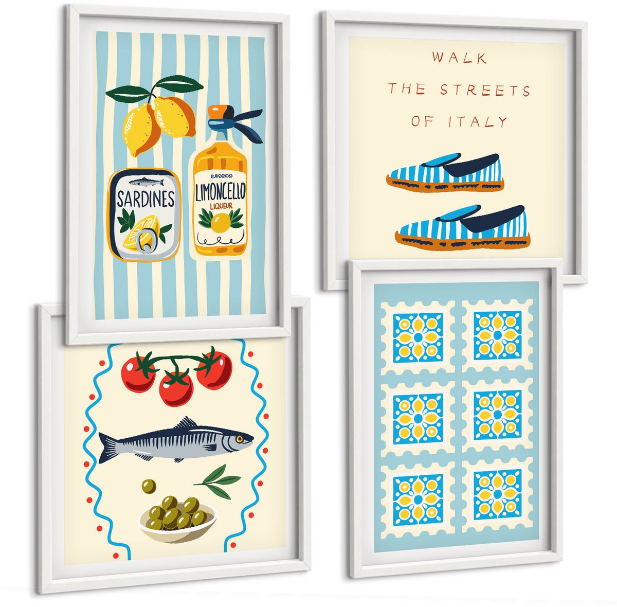 Wallfluent 4-Delige Schilderij Set - Fruitpatronen En Elementen Van De Italiaanse Cultuur - 40 x 40 En 40 x 60 - Moderne Wanddecoratie - Woonkamer - Woonkamer Decoratie