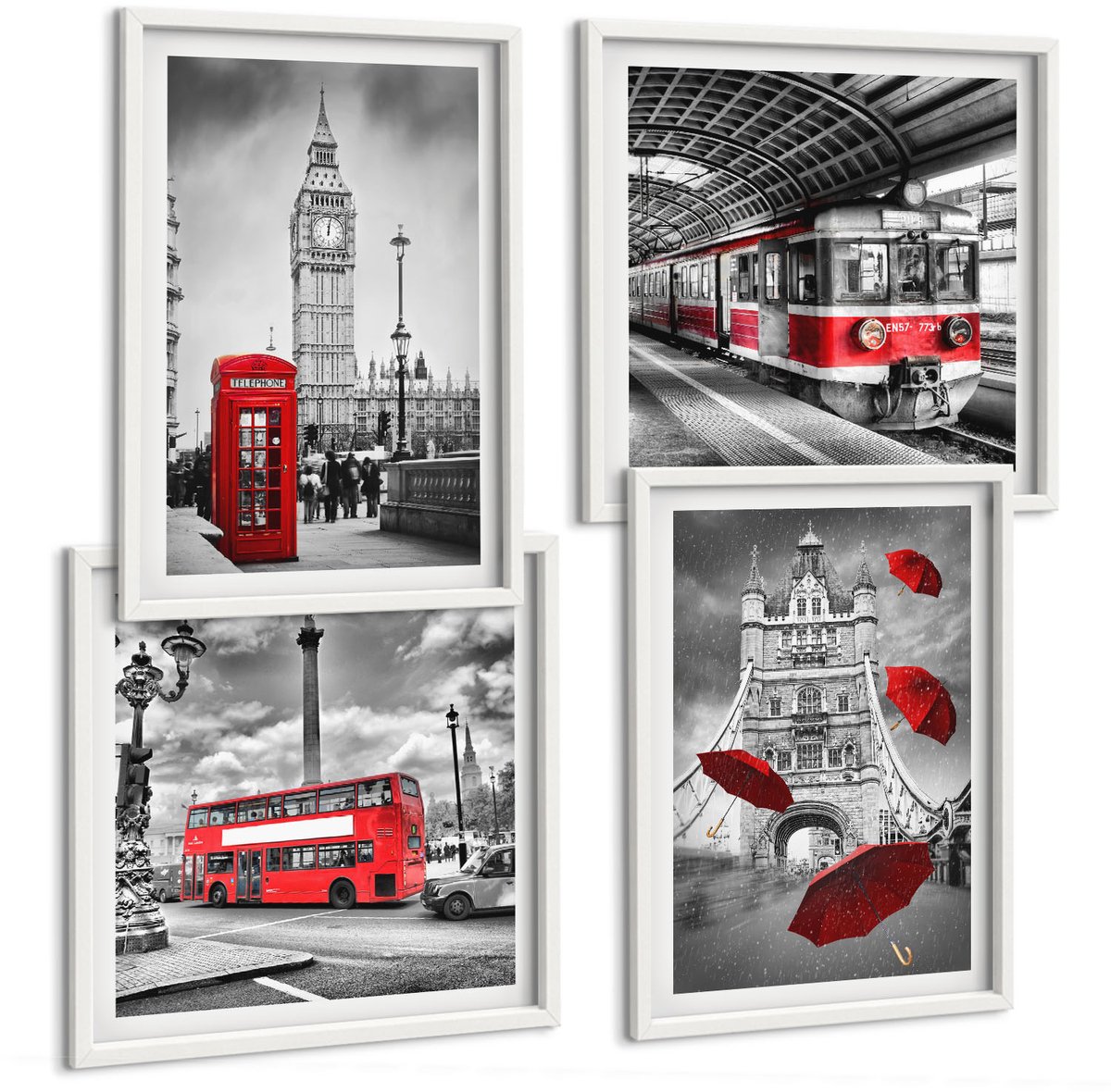 Wallfluent 4-Delige Schilderij Set - Rode Accenten En Beroemde Londense Gebouwen - 40 x 40 En 40 x 60 - Stijlvolle Wanddecoratie - Interieur - Decoratieve Schilderijen