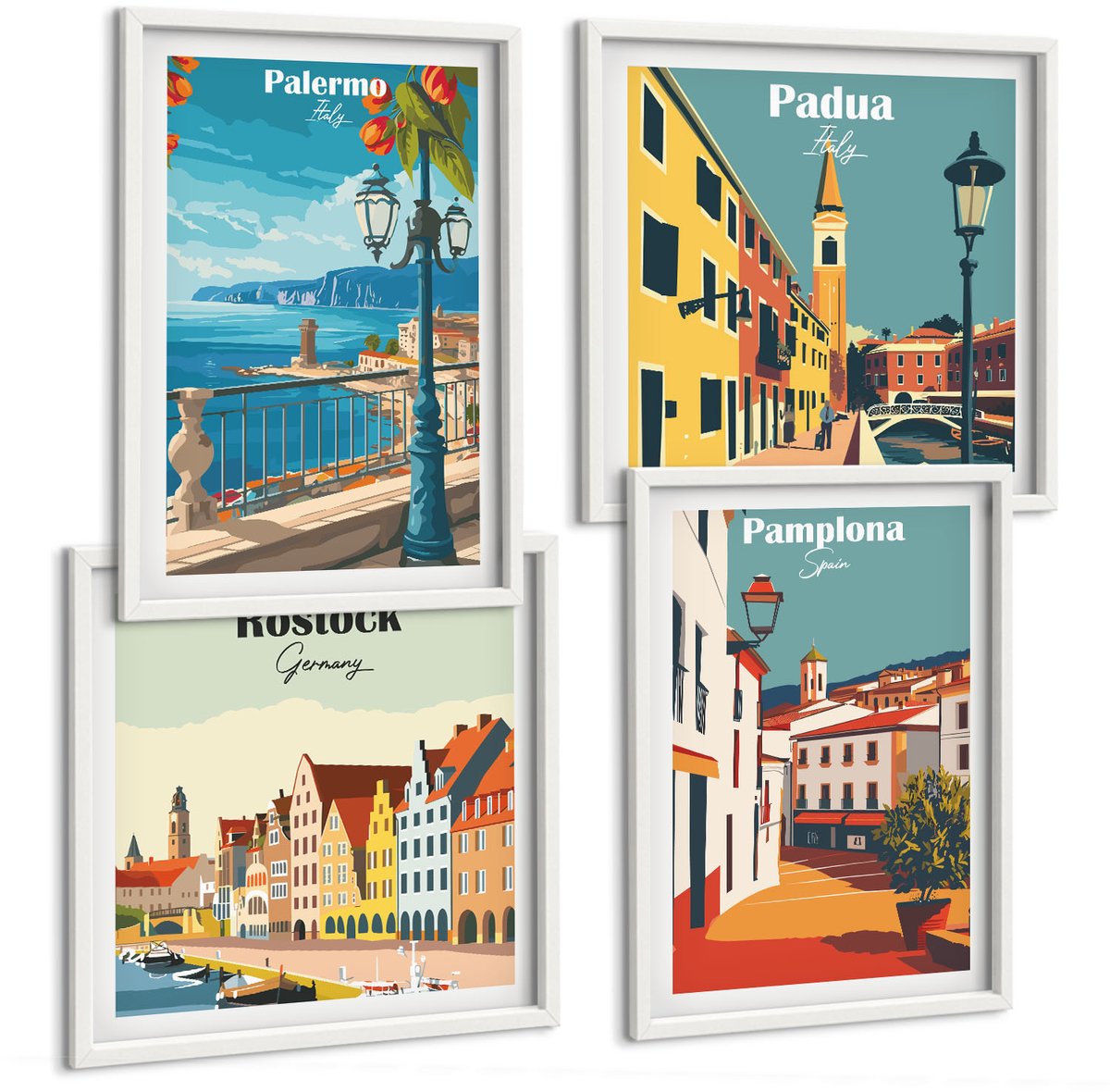 Wallfluent 4-Delige Schilderij Set - Populaire Steden In Retro Illustratieve Stijl - 40 x 40 En 40 x 60 - Muurdecoratie - Wanddecoratie - Hal - Moderne Wanddecoratie