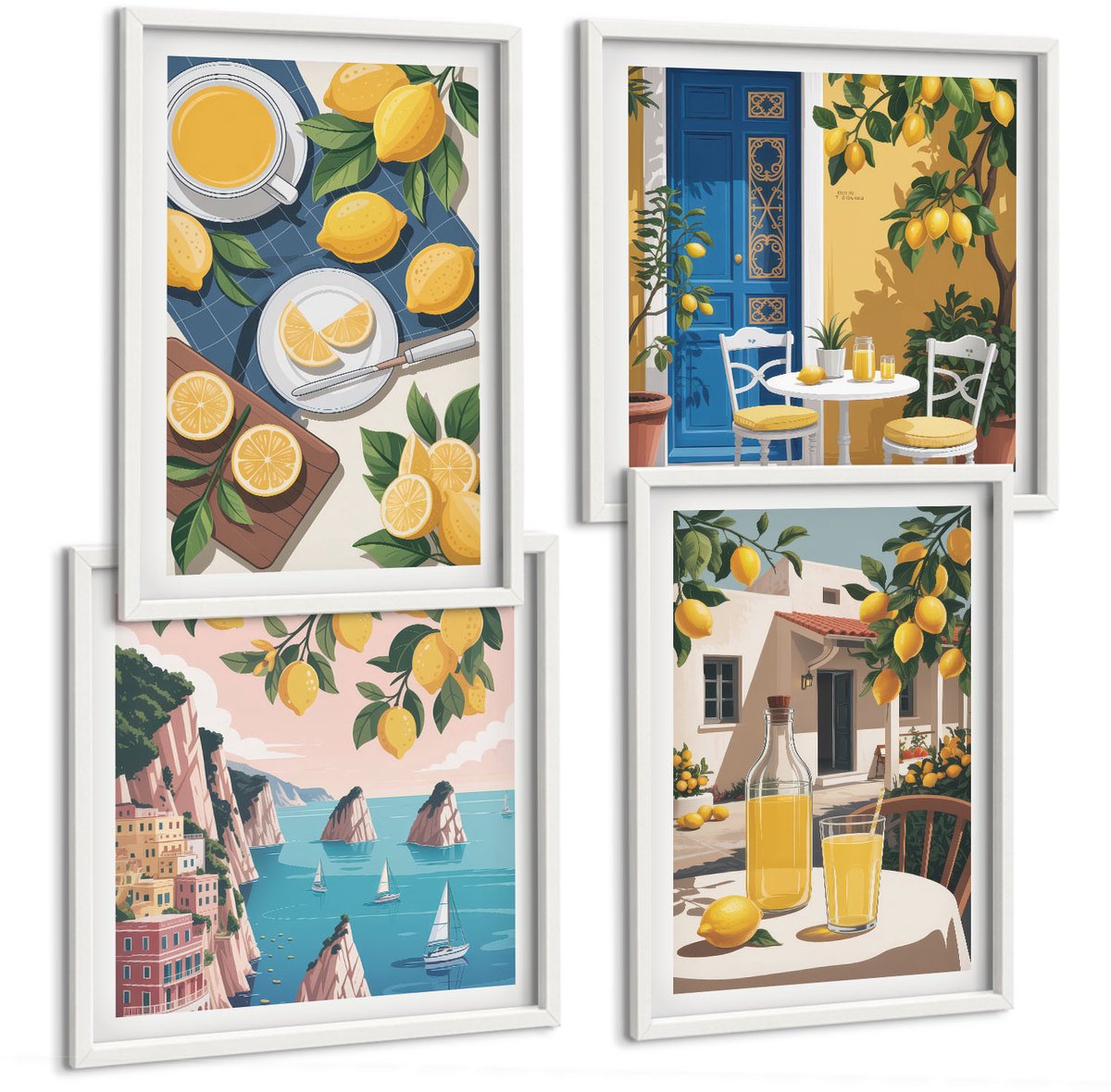 Wallfluent 4-Delige Schilderij Set - Lemonade, Italiaans Uitzicht En Een Zonnig Terras - 40 x 40 En 40 x 60 - Wanddecoratie - Schilderijen Set - Kantoor
