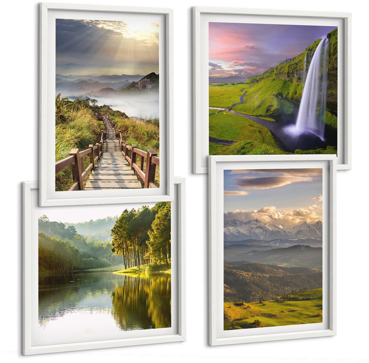Wallfluent 4-Delige Schilderij Set - Schilderachtige Berglandschappen Met Een Waterval En Een Pad. - 40 x 40 En 40 x 60 - Muurdecoratie - Decoratieve Schilderijen - Wohnzimmer - Interieur Decoratie