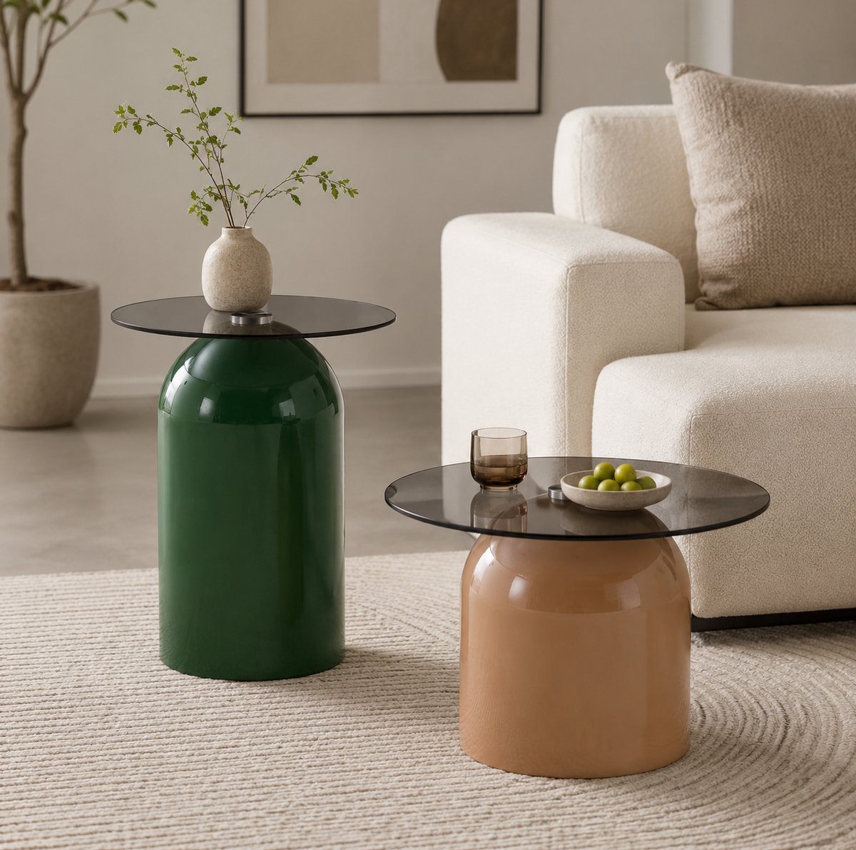 MODFU - Salontafel Set Van 2 - Rond - Gehard Glas - Hoogglans - Groen - Hellkaffee