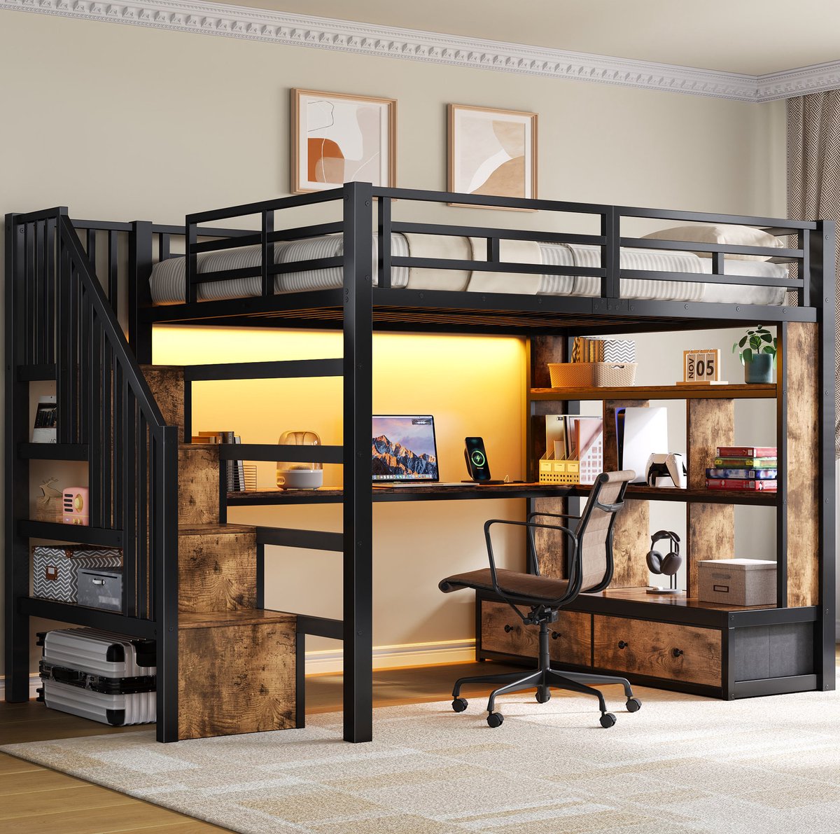 REDOM - Bed - Hoogslaper met bureau en opbergrekken - Met 2 lades en trap met opbergruimte - Metaal en MDF - Zwart - 140 x 200 cm