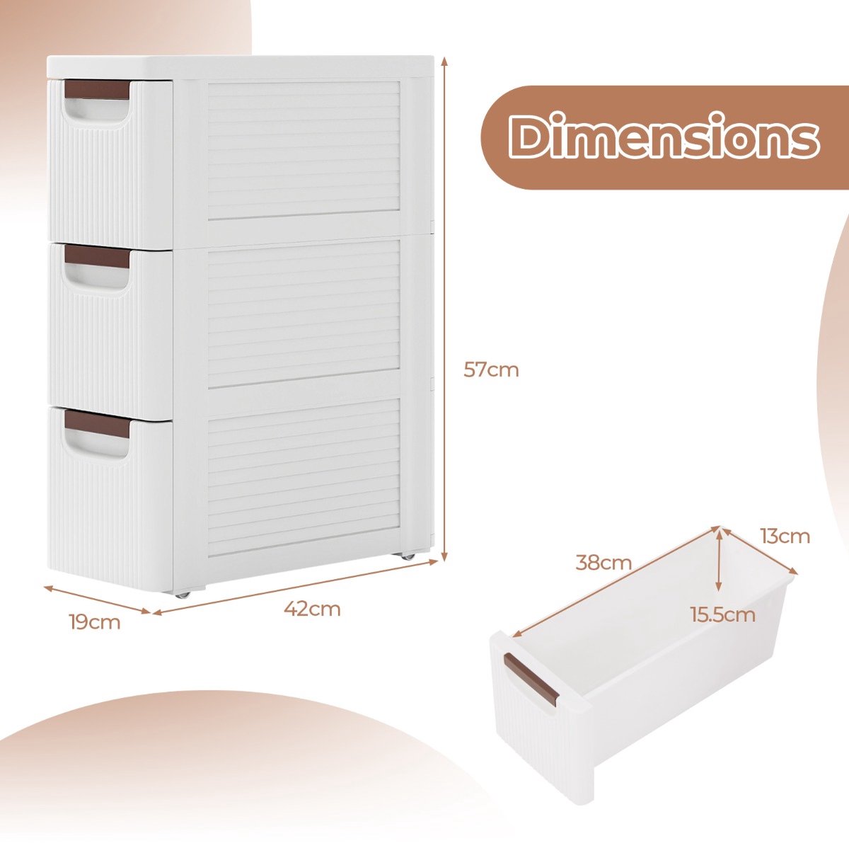 SureDeal® - Ladekast - Nissenkast Smal - Wielen Nissenplank Breed - Laden Wit - 42x19x74 cm - Wit