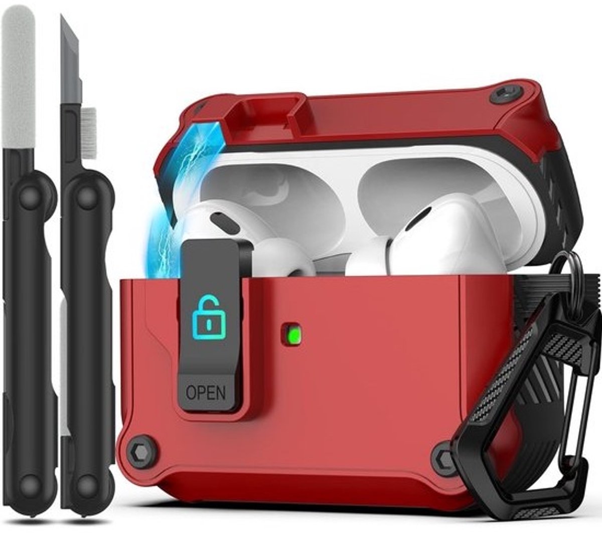 Compatibele Oplaadcase voor AirPods Pro - Schokbestendige Harde Bescherming met Vergrendelingsclip - Rood