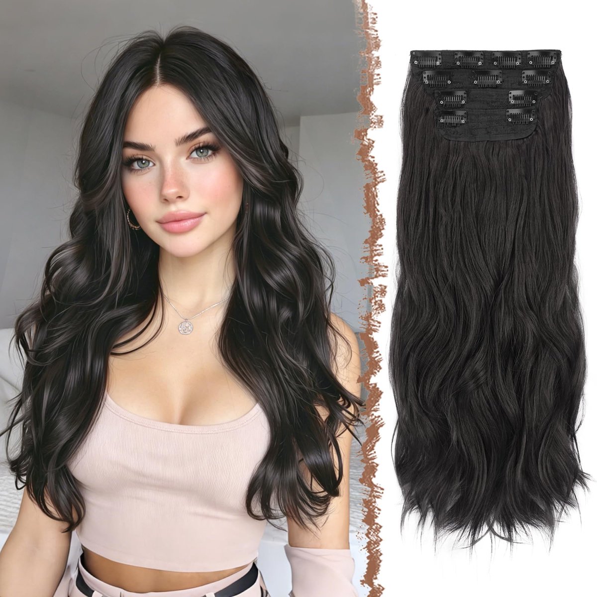 FESHFEN Clip in Haarextensies - 4 stuks Lange Golvende Clip in Haar Extensions Kunsthaar Haarverlenging voor Vrouwen - ShopVlot