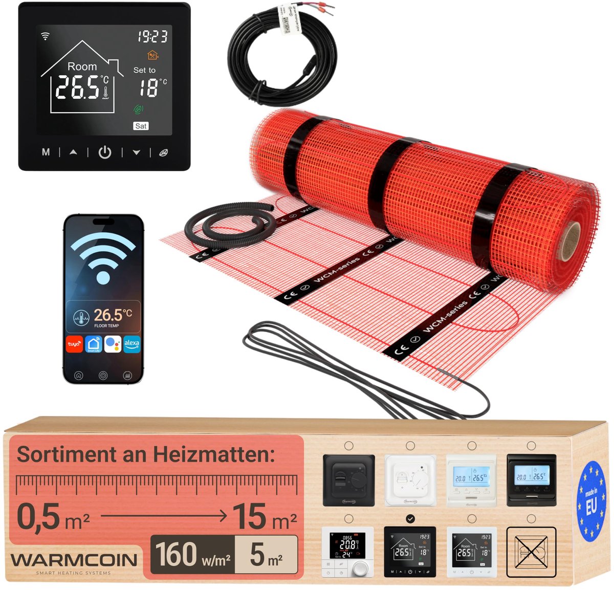 Warmcoin® Elektrische Vloerverwarming Set 160 W/m² – 5,0 m² – Verwarmingsmat voor Tegels, Laminaat en Vinyl – Incl. - ShopVlot