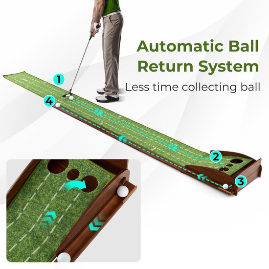 SureDeal® - Golf - Putting Mat Putting - Automatische Balterugloop Maten - Golfballen - Binnen - Buitentraining - 302x37x15 cm - Bruin + Groen van suredeal — afbeelding 5