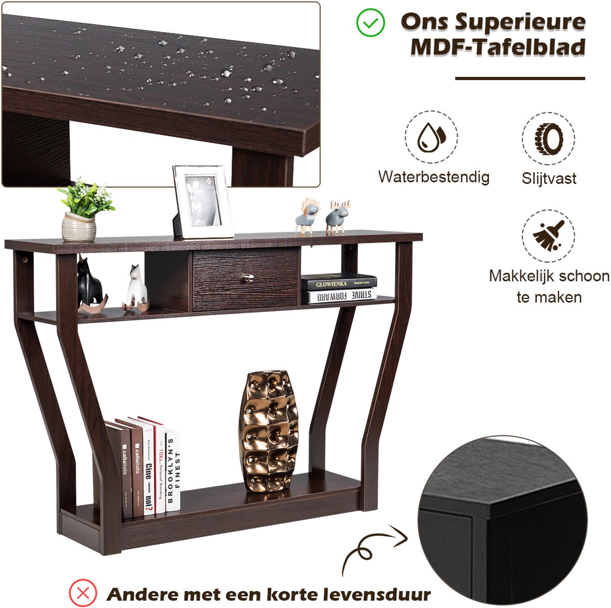 SureDeal® - Consoletafel met lade en plank, haltafel van hout, entreetafel, bijzettafel voor ingang, woonkamer slaapkamer 120 x 30 x 81 cm