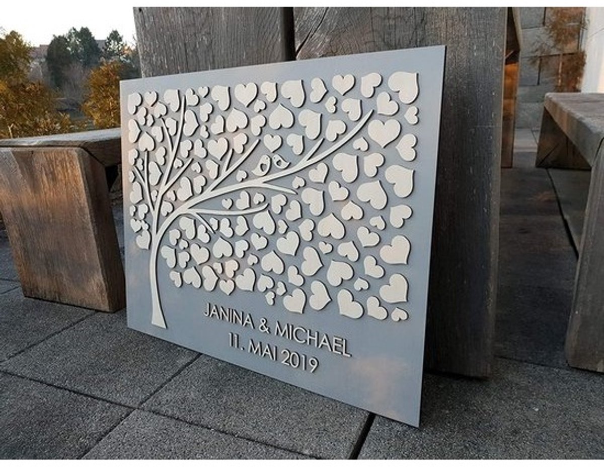 Gastenboek Hout - Alternatief Boek - Bruiloft Herinneringen - 3D Design - 75x60 cm - Grijs