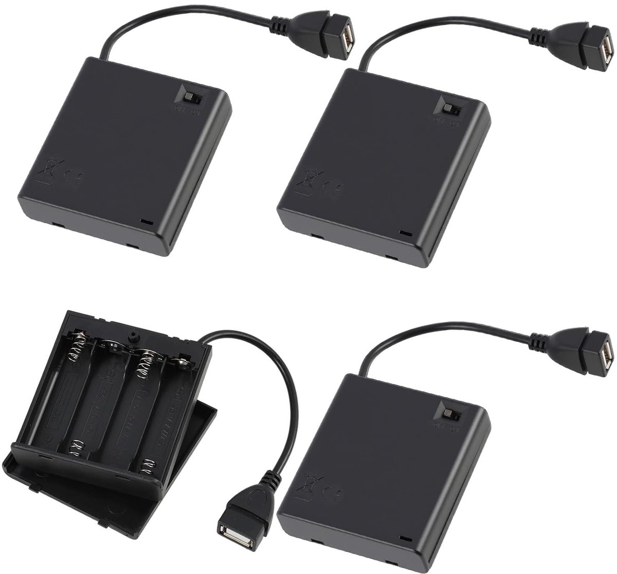 Set van 4 AA Batterijhouders met USB en Schakelaar voor Elektronische Projecten, RC-auto's en LED-strips - Praktische Oplossing voor Batterijopslag met Deksel