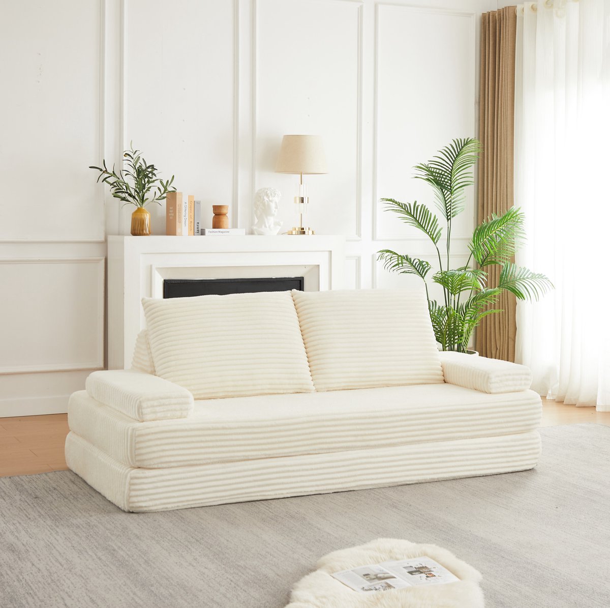 MODENUIT Slaapbank 211,5 cm - 2-Zits Met Verstelbare Armleuningen En 2 Kussens - Woonkamer - Corduroy Beige