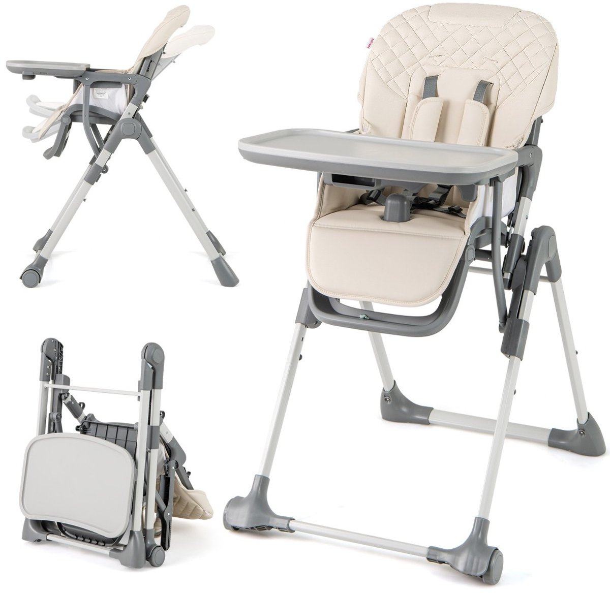 SureDeal® - Hoge kinderstoel - Opvouwbaar - Ligfunctie - Hoogte Verstelbaar Beige - 80x58x98 cm - Beige