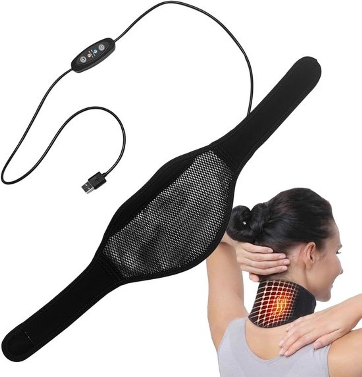Verwarmd Nekkussen - Elektrisch Kussen - Spierontspanning Nek - 5-traps Temperatuur - 50.5 x 11.3 cm - Zwart