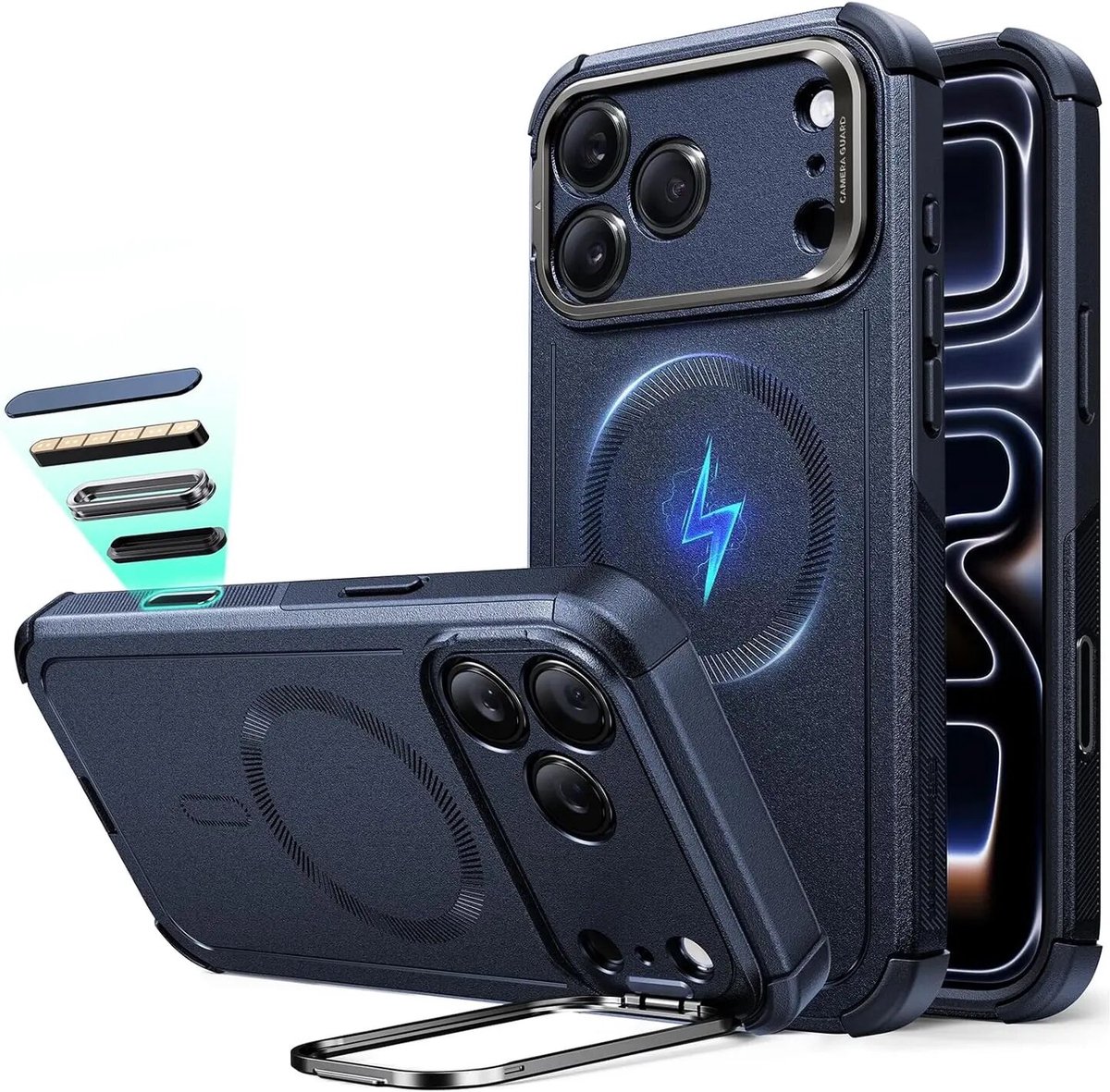 ESR Cyber Armor HaloLock Hoesje Geschikt voor Apple iPhone 18 Pro / 17 Pro - Compatibel met MagSafe / Qi2 - Back Cover met Standaard - Cameraregelaar Control Knop - Blauw