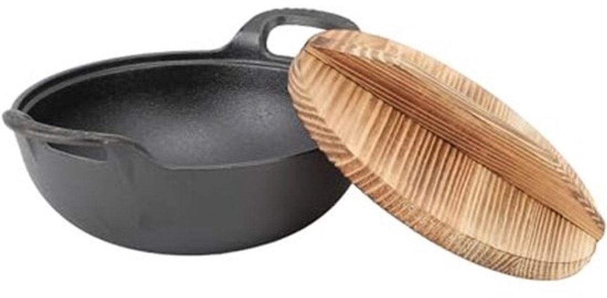 Traditionele Gietijzeren Wokpan met Houten Deksel 20cm - Ideaal voor Inductie, Elektrisch en Gas